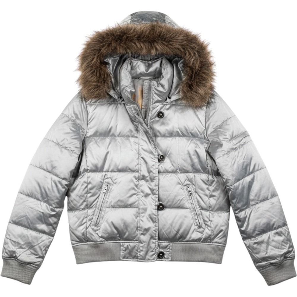 Gap Womens XL Silver Satin Puffer Bomber Jacket Y2K Faux Fur Hood SF Love Lining